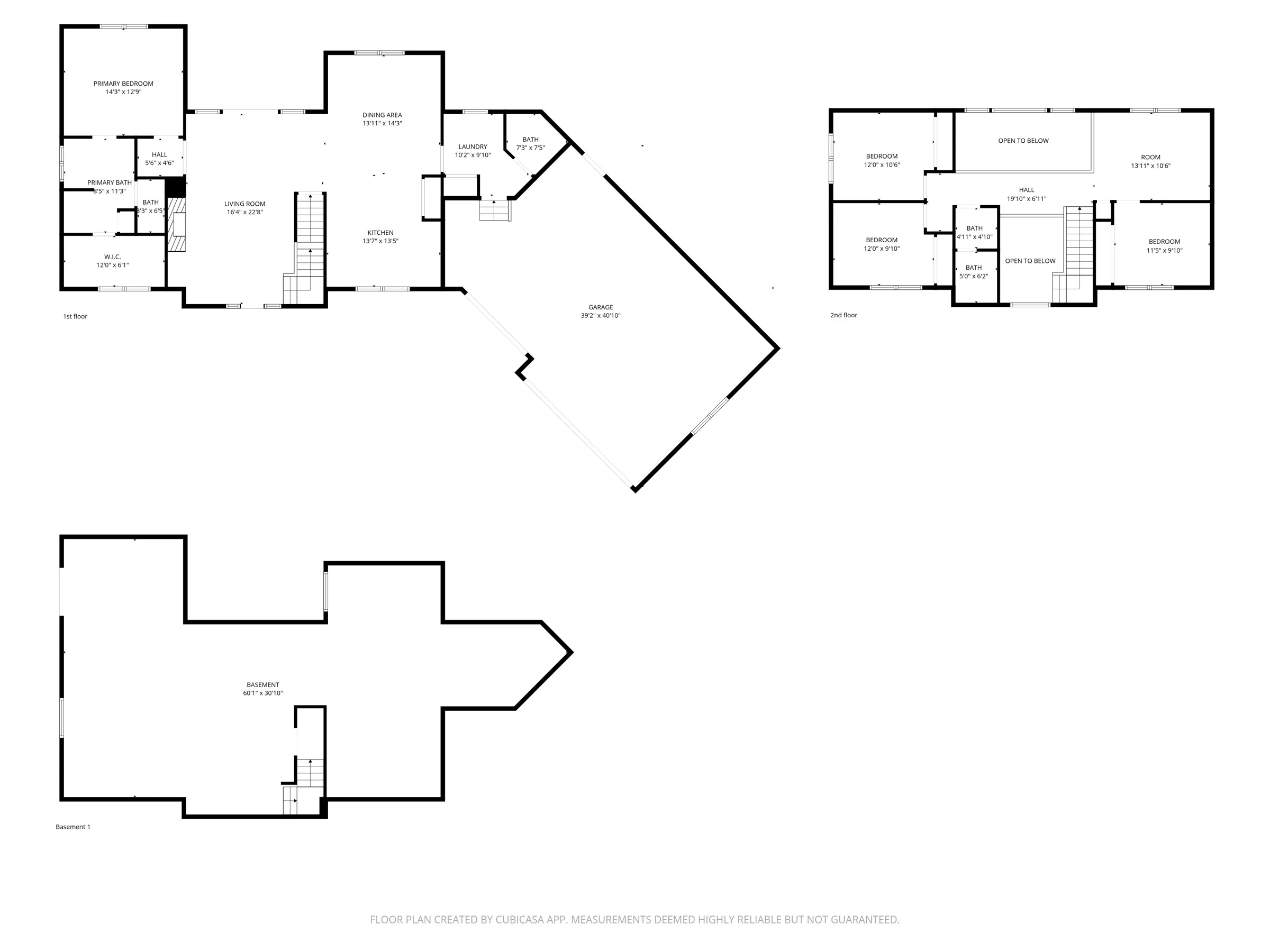 Measured floor plan of all three levels: a first floor with the primary suite, living room, kitchen, dining and an angled three-car garage; a second floor with three bedrooms and two baths around a landing open to below; and a full basement.